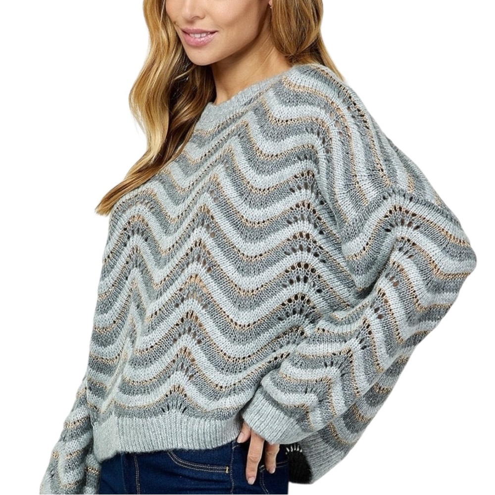 Gray Chevron Open Knit Sweater Pullover Oversized Cozy Stripe size S, M, L - Picture 2 of 7